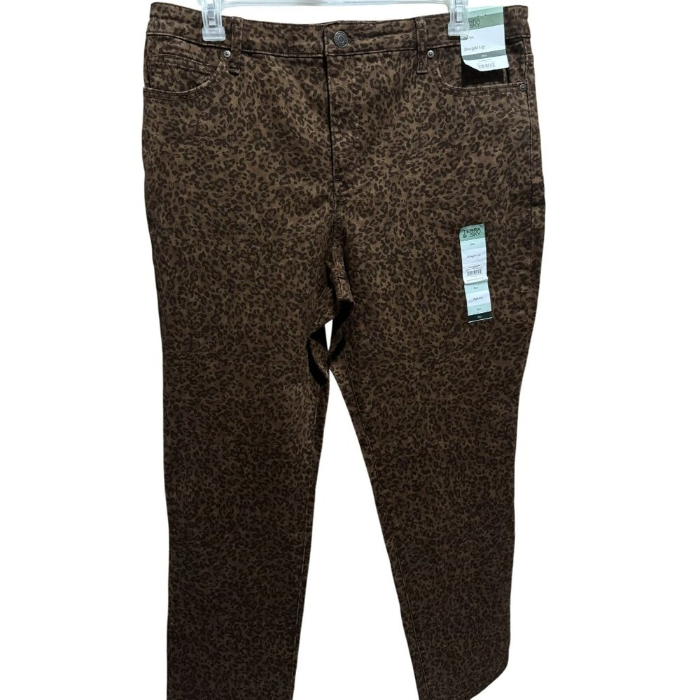 Terrra & Sky Leopard Print Straight Leg High Rise Jeans Plus16W  Lt/Dk Brown NEW